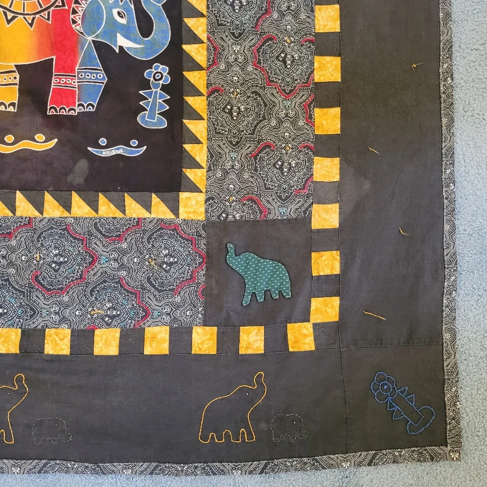 Handmade Original Summer Quilt Colorful Elephant Batik Embroidered 45x45